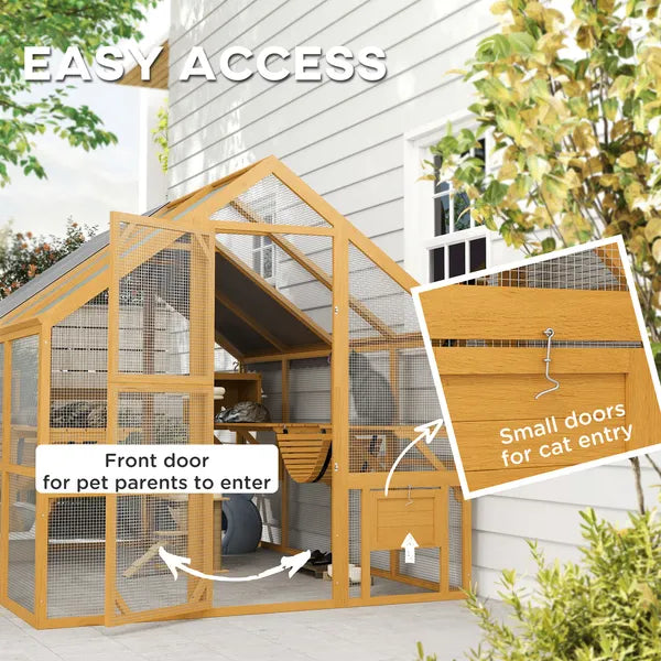 PawHut Wooden Catio Outdoor Cat Enclosure, Large Cat House with Waterproof Cover, 2 Condos, 6 Platforms, Bridge, Doors, Yellow - product image 7