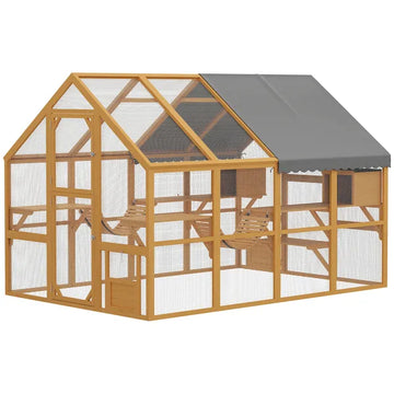 PawHut Wooden Catio Outdoor Cat Enclosure, Large Cat House with Waterproof Cover, 2 Condos, 6 Platforms, Bridge, Doors, Yellow - product image 1
