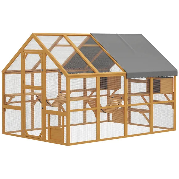PawHut Wooden Catio Outdoor Cat Enclosure, Large Cat House with Waterproof Cover, 2 Condos, 6 Platforms, Bridge, Doors, Yellow - product image 1