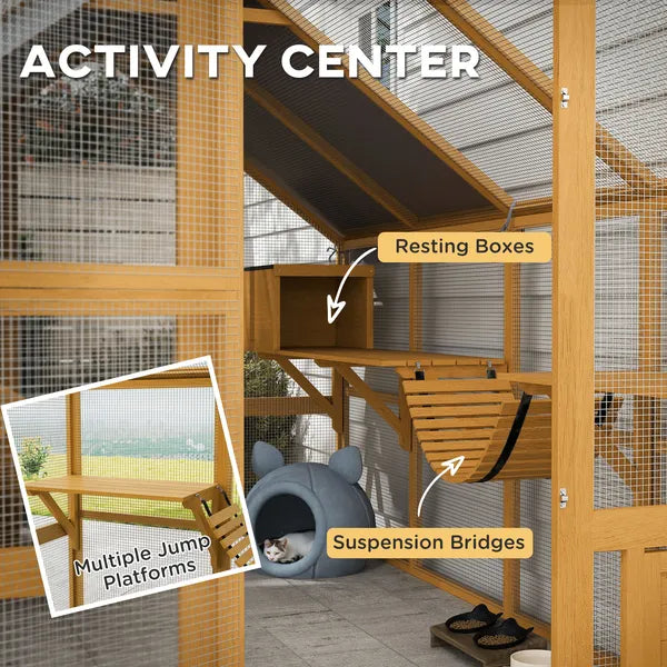 PawHut Wooden Catio Outdoor Cat Enclosure, Large Cat House with Waterproof Cover, 2 Condos, 6 Platforms, Bridge, Doors, Yellow - product image 5