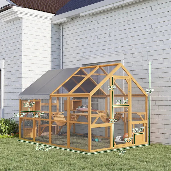PawHut Wooden Catio Outdoor Cat Enclosure, Large Cat House with Waterproof Cover, 2 Condos, 6 Platforms, Bridge, Doors, Yellow - product image 3