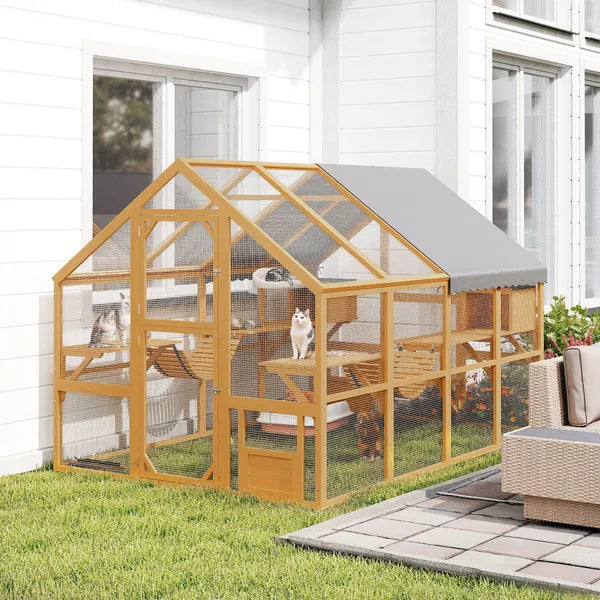 PawHut Wooden Catio Outdoor Cat Enclosure, Large Cat House with Waterproof Cover, 2 Condos, 6 Platforms, Bridge, Doors, Yellow - product image 2