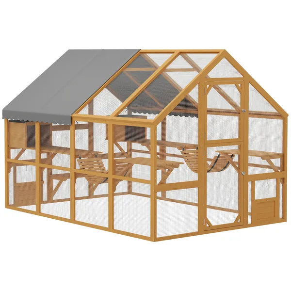 PawHut Wooden Catio Outdoor Cat Enclosure, Large Cat House with Waterproof Cover, 2 Condos, 6 Platforms, Bridge, Doors, Yellow - product image 11