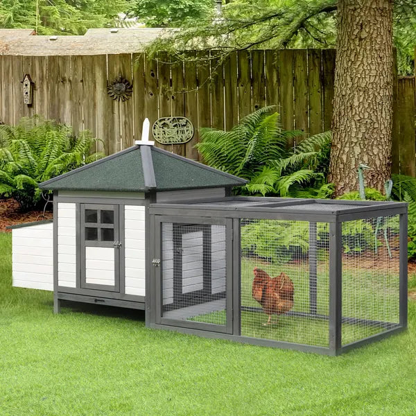 Wooden Chicken Coop 77 Inch with Weatherproof Roof Nesting Box Enclosed Run Removable Tray Outdoor Backyard Gray - product image 10