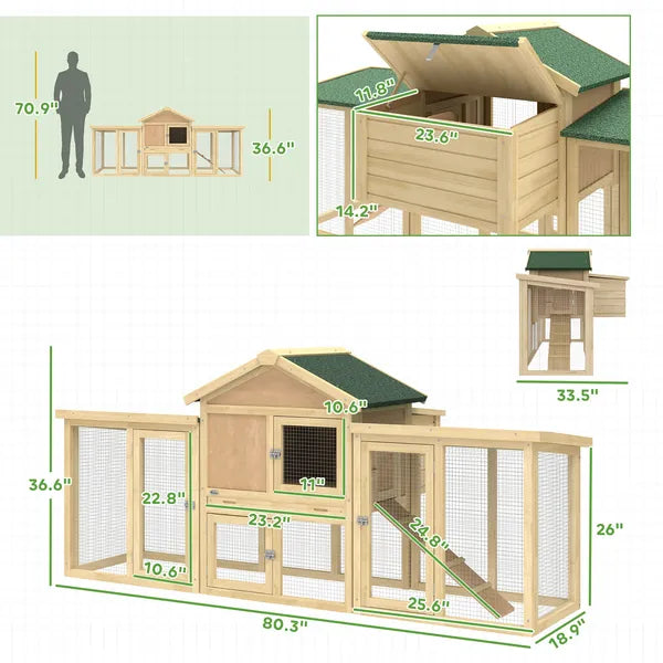 Wooden Chicken Coop ith Nesting Box, Double Runs, Removable Tray, Ramp, for Garden Backyard - product image 3