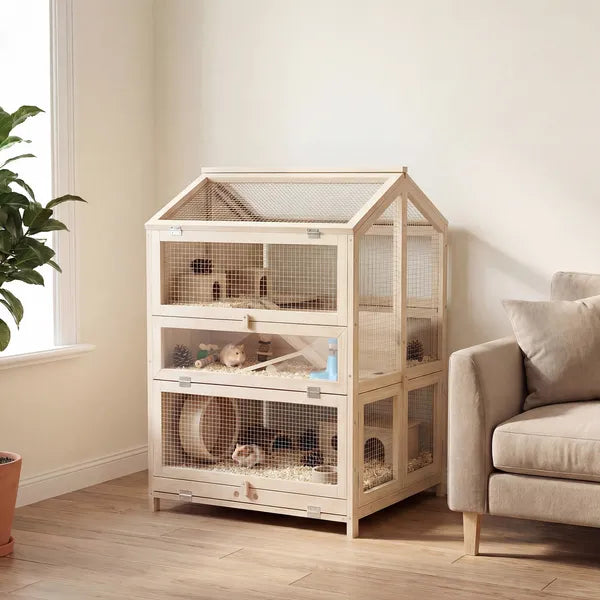 PawHut Wooden Hamster Cage, Large 3 Tier Hamster Cage with Pull-Out Tray, Openable Top, Hut, Seesaws, 26.8"L x 24.2"W x 35.4"H - product image 2