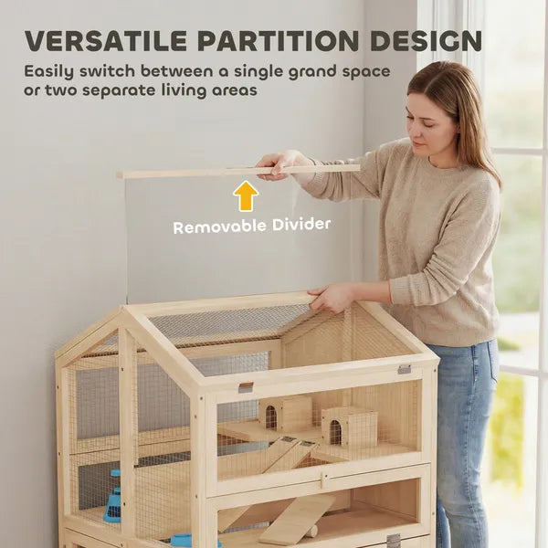 PawHut Wooden Hamster Cage, Large 3 Tier Hamster Cage with Pull-Out Tray, Openable Top, Hut, Seesaws, 26.8"L x 24.2"W x 35.4"H - product image 6