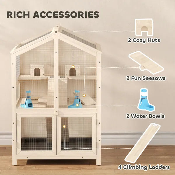 PawHut Wooden Hamster Cage, Large 3 Tier Hamster Cage with Pull-Out Tray, Openable Top, Hut, Seesaws, 26.8"L x 24.2"W x 35.4"H - product image 5