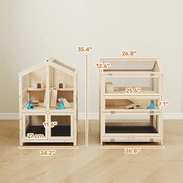 PawHut Wooden Hamster Cage, Large 3 Tier Hamster Cage with Pull-Out Tray, Openable Top, Hut, Seesaws, 26.8"L x 24.2"W x 35.4"H - product image 3