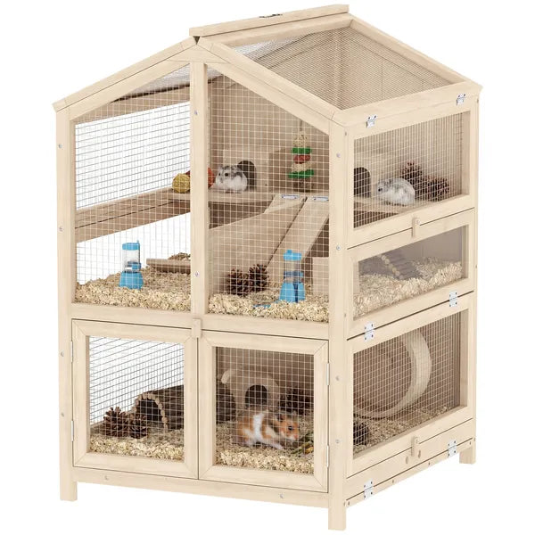 PawHut Wooden Hamster Cage, Large 3 Tier Hamster Cage with Pull-Out Tray, Openable Top, Hut, Seesaws, 26.8"L x 24.2"W x 35.4"H - product image 11