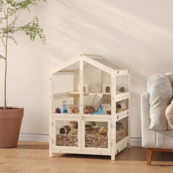 PawHut Wooden Hamster Cage, Large 3 Tier Hamster Cage with Pull-Out Tray, Openable Top, Hut, Seesaws, 26.8"L x 24.2"W x 35.4"H - product image 10