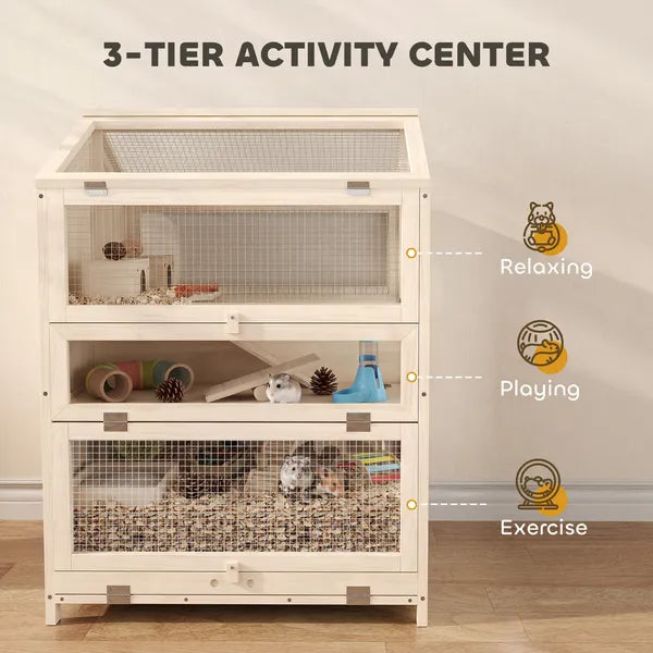 PawHut Wooden Hamster Cage, Large 3 Tier Hamster Cage with Pull-Out Tray, Openable Top, Hut, Seesaws, 26.8"L x 24.2"W x 35.4"H - product image 4