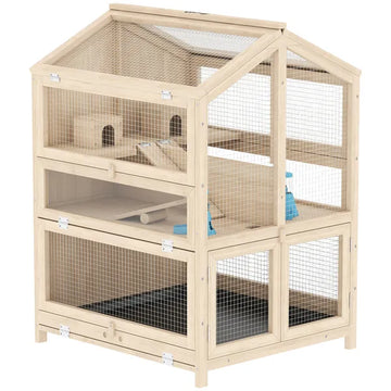 PawHut Wooden Hamster Cage, Large 3 Tier Hamster Cage with Pull-Out Tray, Openable Top, Hut, Seesaws, 26.8"L x 24.2"W x 35.4"H - product image 1