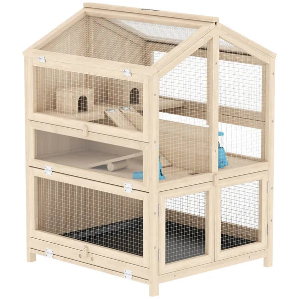 PawHut Wooden Hamster Cage, Large 3 Tier Hamster Cage with Pull-Out Tray, Openable Top, Hut, Seesaws, 26.8"L x 24.2"W x 35.4"H - product image 1