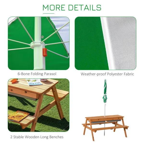 Wooden Kids Picnic Table with Sandbox, Adjustable Umbrella, and Removable Parasol, Outdoor Set for Garden and Patio - product image 7