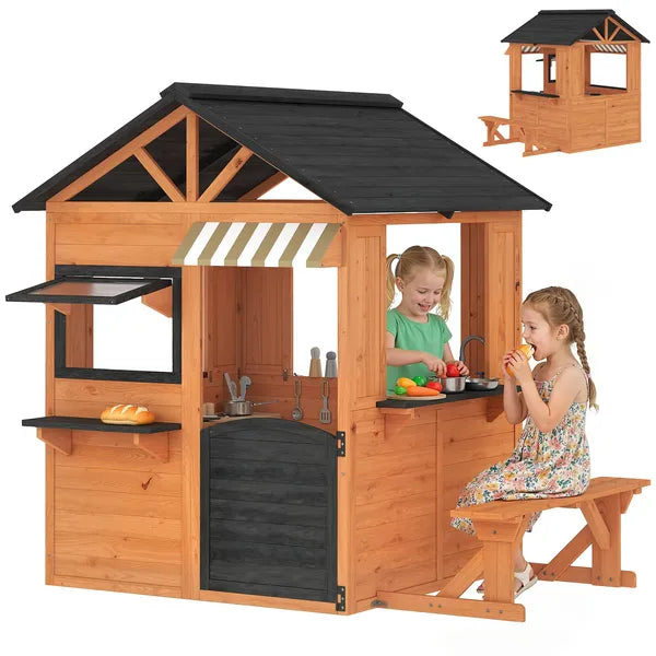 Qaba Wooden Kids Playhouse with Play Kitchen Picnic Bench and Windows Brown Ages 3-8 - product image 1