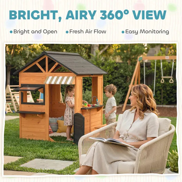 Qaba Wooden Kids Playhouse with Play Kitchen Picnic Bench and Windows Brown Ages 3-8 - product image 5