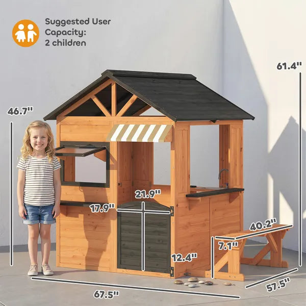 Qaba Wooden Kids Playhouse with Play Kitchen Picnic Bench and Windows Brown Ages 3-8 - product image 2