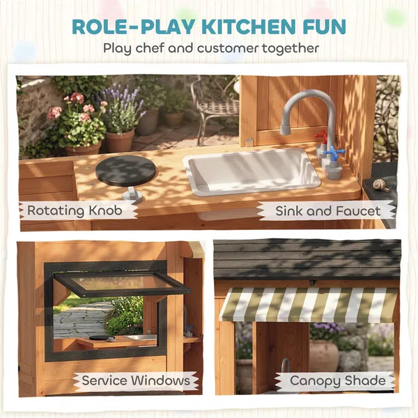 Qaba Wooden Kids Playhouse with Play Kitchen Picnic Bench and Windows Brown Ages 3-8 - product image 3