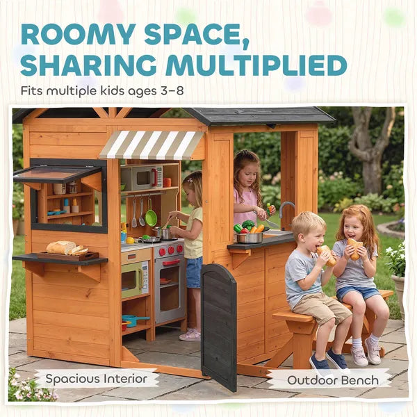 Qaba Wooden Kids Playhouse with Play Kitchen Picnic Bench and Windows Brown Ages 3-8 - product image 6