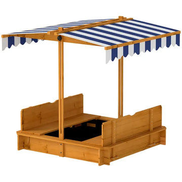 Outsunny Wooden Kids Sandbox with Adjustable Canopy and Foldable Bench Seats Brown Blue and White - product image 1