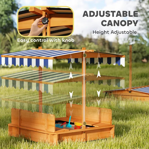 Outsunny Wooden Kids Sandbox with Adjustable Canopy and Foldable Bench Seats Brown Blue and White - product image 4