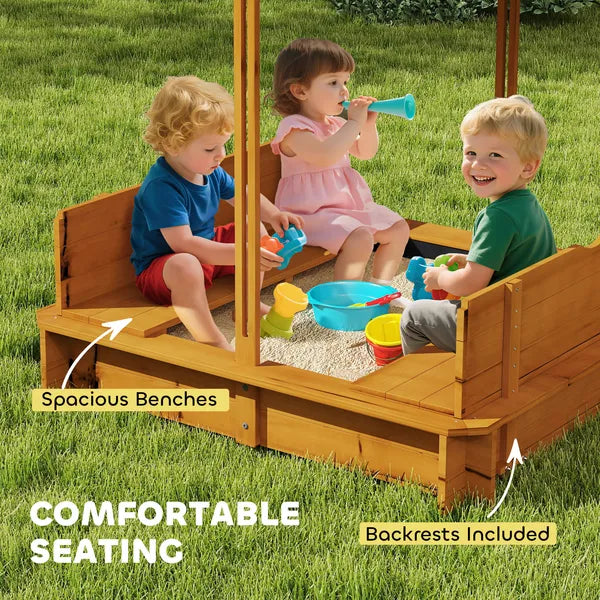 Outsunny Wooden Kids Sandbox with Adjustable Canopy and Foldable Bench Seats Brown Blue and White - product image 8