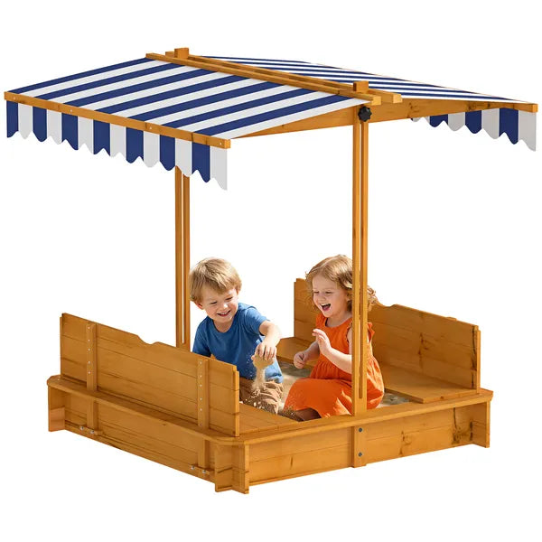 Outsunny Wooden Kids Sandbox with Adjustable Canopy and Foldable Bench Seats Brown Blue and White - product image 11