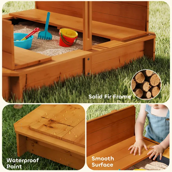 Outsunny Wooden Kids Sandbox with Adjustable Canopy and Foldable Bench Seats Brown Blue and White - product image 9