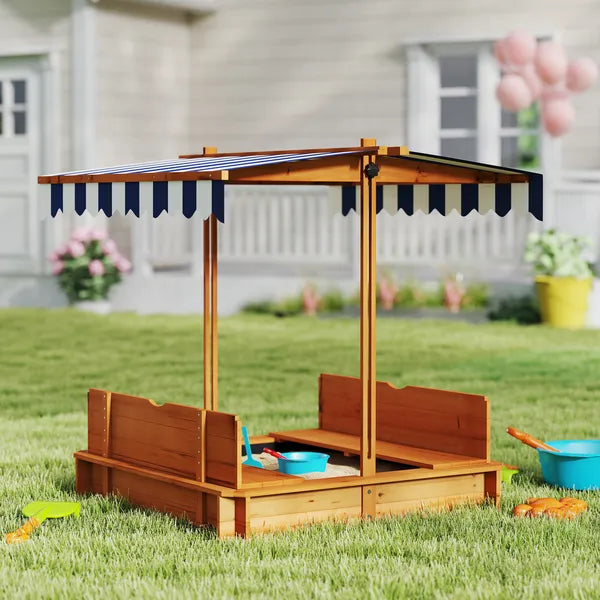 Outsunny Wooden Kids Sandbox with Adjustable Canopy and Foldable Bench Seats Brown Blue and White - product image 10
