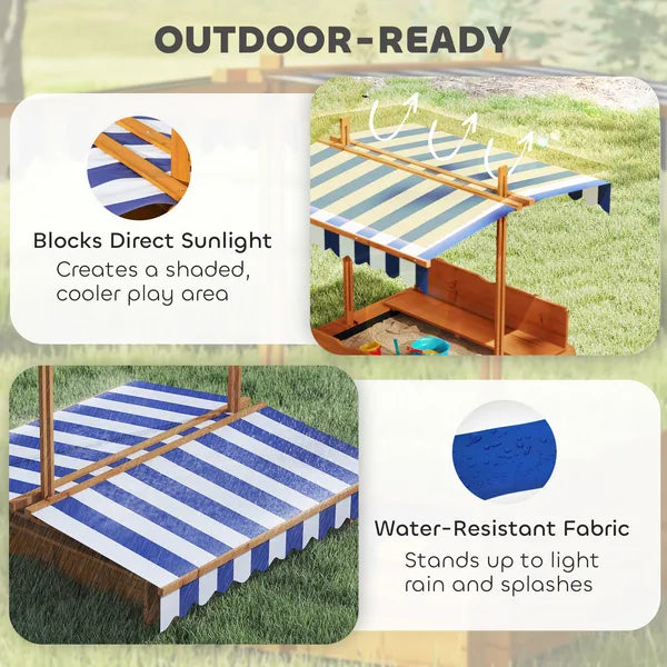 Outsunny Wooden Kids Sandbox with Adjustable Canopy and Foldable Bench Seats Brown Blue and White - product image 5