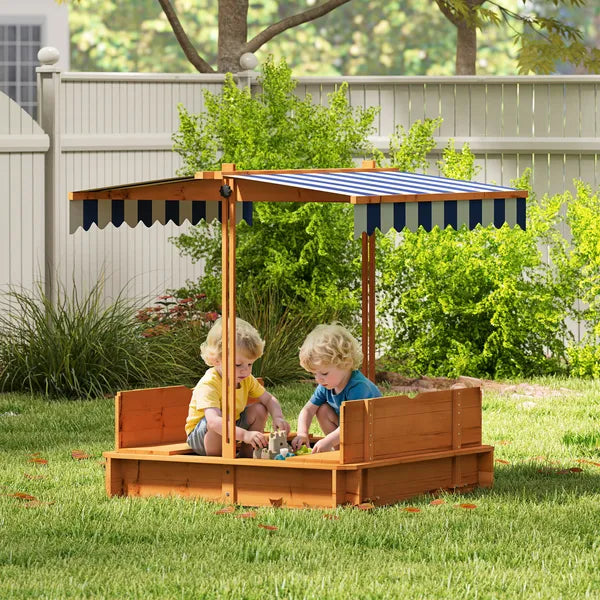 Outsunny Wooden Kids Sandbox with Adjustable Canopy and Foldable Bench Seats Brown Blue and White - product image 2