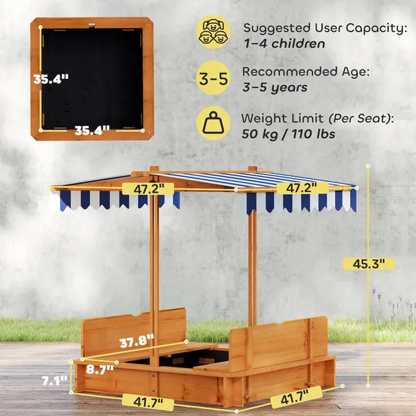 Outsunny Wooden Kids Sandbox with Adjustable Canopy and Foldable Bench Seats Brown Blue and White - product image 3
