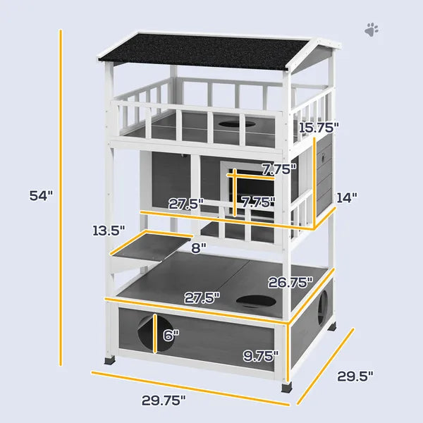 Wooden Outdoor Cat House with Asphalt Roof, Escape Doors, Condo, Jumping Platform, Light Gray - product image 3