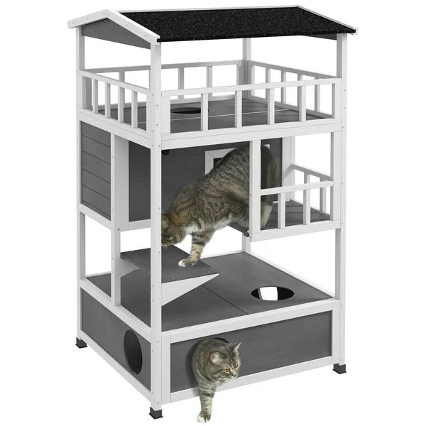 Wooden Outdoor Cat House with Asphalt Roof, Escape Doors, Condo, Jumping Platform, Light Gray - product image 11