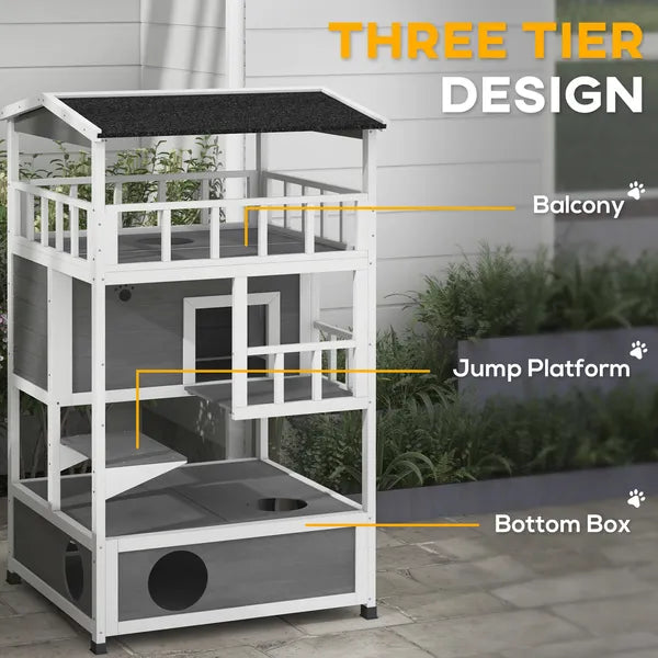 Wooden Outdoor Cat House with Asphalt Roof, Escape Doors, Condo, Jumping Platform, Light Gray - product image 4