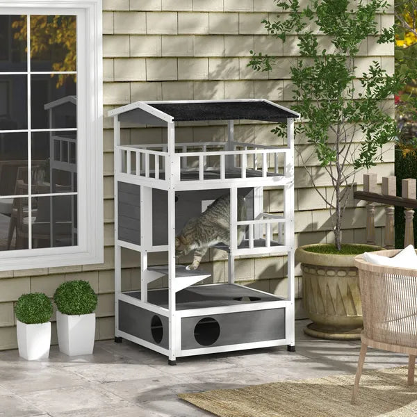 Wooden Outdoor Cat House with Asphalt Roof, Escape Doors, Condo, Jumping Platform, Light Gray - product image 10