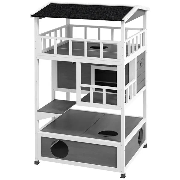 Wooden Outdoor Cat House with Asphalt Roof, Escape Doors, Condo, Jumping Platform, Light Gray - product image 1