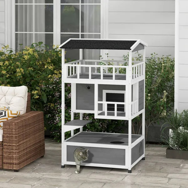 Wooden Outdoor Cat House with Asphalt Roof, Escape Doors, Condo, Jumping Platform, Light Gray - product image 2