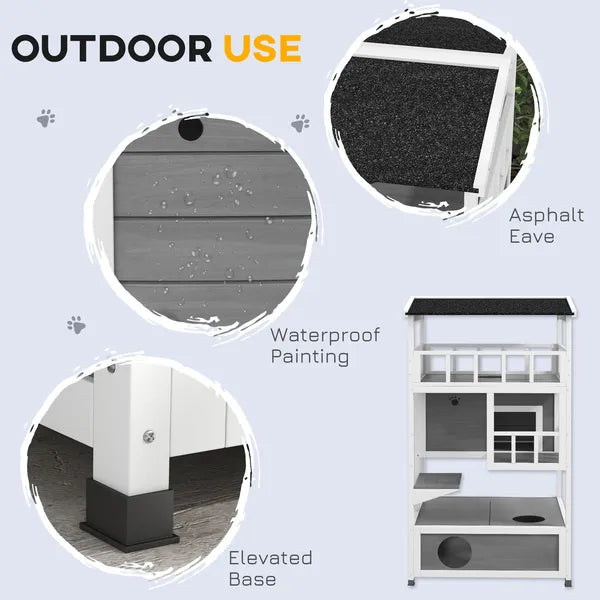 Wooden Outdoor Cat House with Asphalt Roof, Escape Doors, Condo, Jumping Platform, Light Gray - product image 6