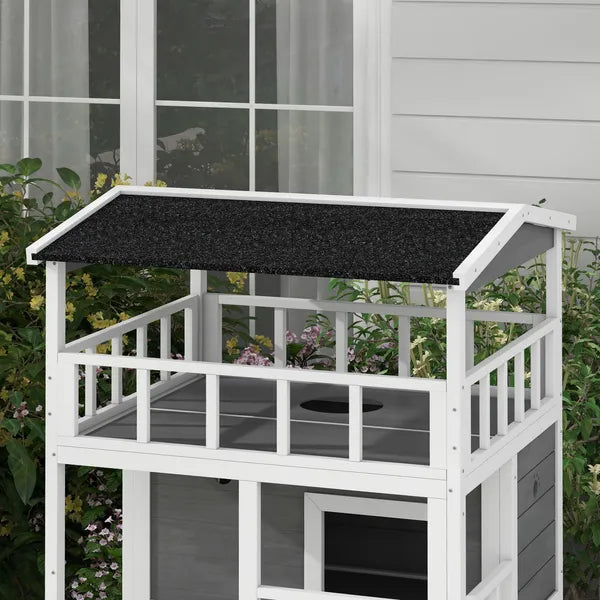 Wooden Outdoor Cat House with Asphalt Roof, Escape Doors, Condo, Jumping Platform, Light Gray - product image 8
