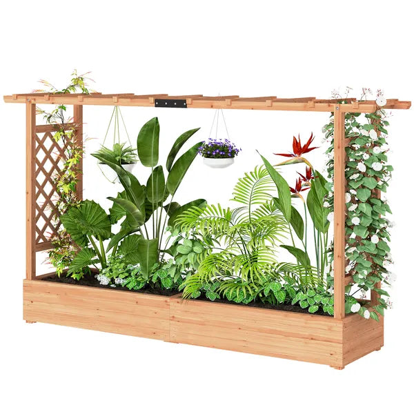 Wooden Planter Box with Trellis, Hanging Roof and Drainage Holes for Climbing Plants, Vegetables, Herbs and Flowers - product image 1