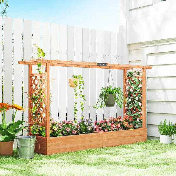 Wooden Planter Box with Trellis, Hanging Roof and Drainage Holes for Climbing Plants, Vegetables, Herbs and Flowers - product image 10