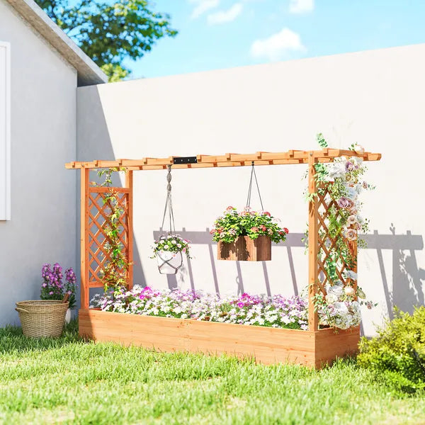 Wooden Planter Box with Trellis, Hanging Roof and Drainage Holes for Climbing Plants, Vegetables, Herbs and Flowers - product image 2