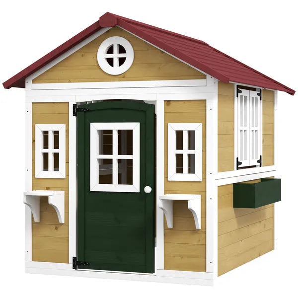 Outsunny Wooden Playhouse for Kids Outdoor, Doors, Windows, Planter Pots, Beige, Toddlers 3-8 Years - product image 11