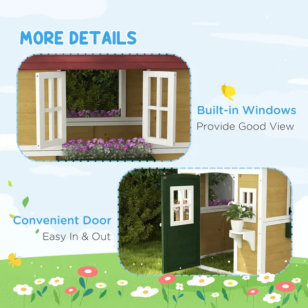 Outsunny Wooden Playhouse for Kids Outdoor, Doors, Windows, Planter Pots, Beige, Toddlers 3-8 Years - product image 7