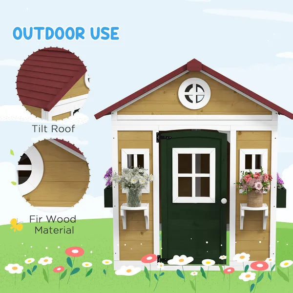 Outsunny Wooden Playhouse for Kids Outdoor, Doors, Windows, Planter Pots, Beige, Toddlers 3-8 Years - product image 5