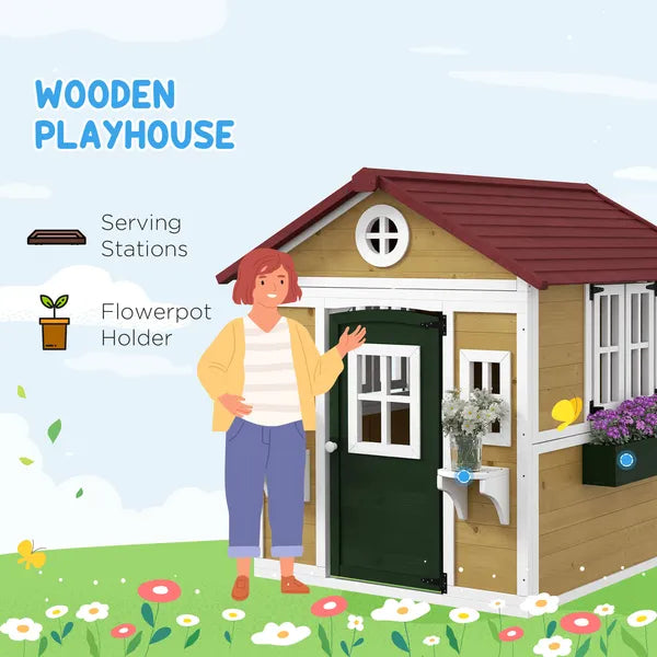 Outsunny Wooden Playhouse for Kids Outdoor, Doors, Windows, Planter Pots, Beige, Toddlers 3-8 Years - product image 4