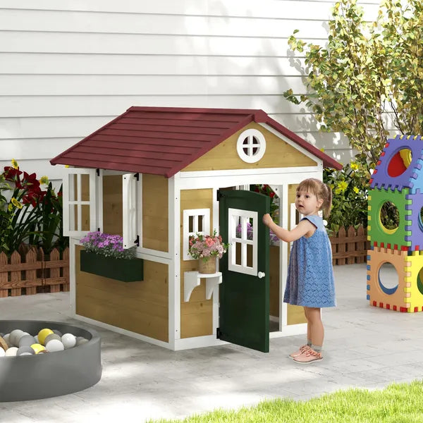 Outsunny Wooden Playhouse for Kids Outdoor, Doors, Windows, Planter Pots, Beige, Toddlers 3-8 Years - product image 10