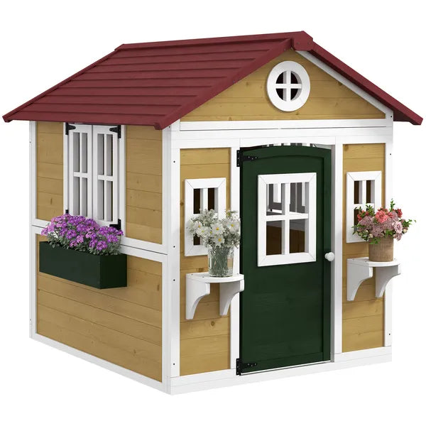 Outsunny Wooden Playhouse for Kids Outdoor, Doors, Windows, Planter Pots, Beige, Toddlers 3-8 Years - product image 1